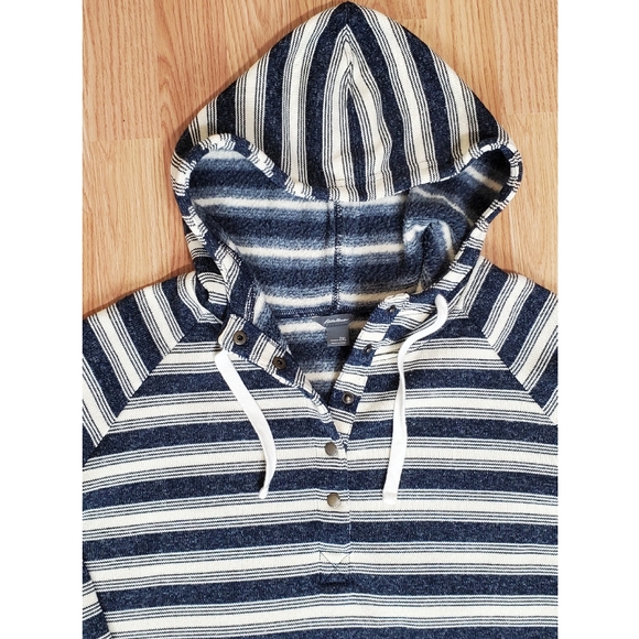 Eddie Bauer fleece striped half buttons pullover hooded sweater navy ivory 2Xl - Picture 2 of 11